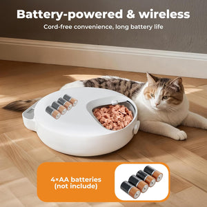 Cat lying next to a battery-powered pet feeder on a wooden floor at Pet Servo