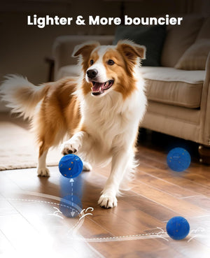 Dog playing with a blue ball on a wooden floor in a living room at Pet Servo