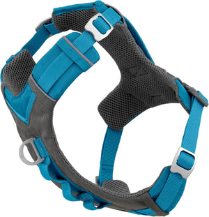Blue and gray dog harness on a white background at Pet Servo