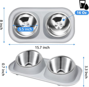 Stainless steel double bowl feeder with measurements on a white background at Pet Servo