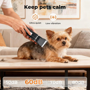 A small tan and gray dog sits on a wooden table in a living room while a person uses a black pet grooming clipper. Text at the top says 'Keep pets calm' with icons for ultra-quiet operation and low vibration at Pet Servo
