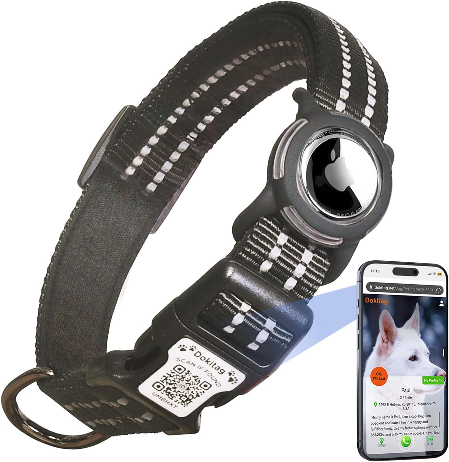 DOKITAG - Reflective Dog Collar with Apple AirTag Holder & QR Code Pet ID Tag