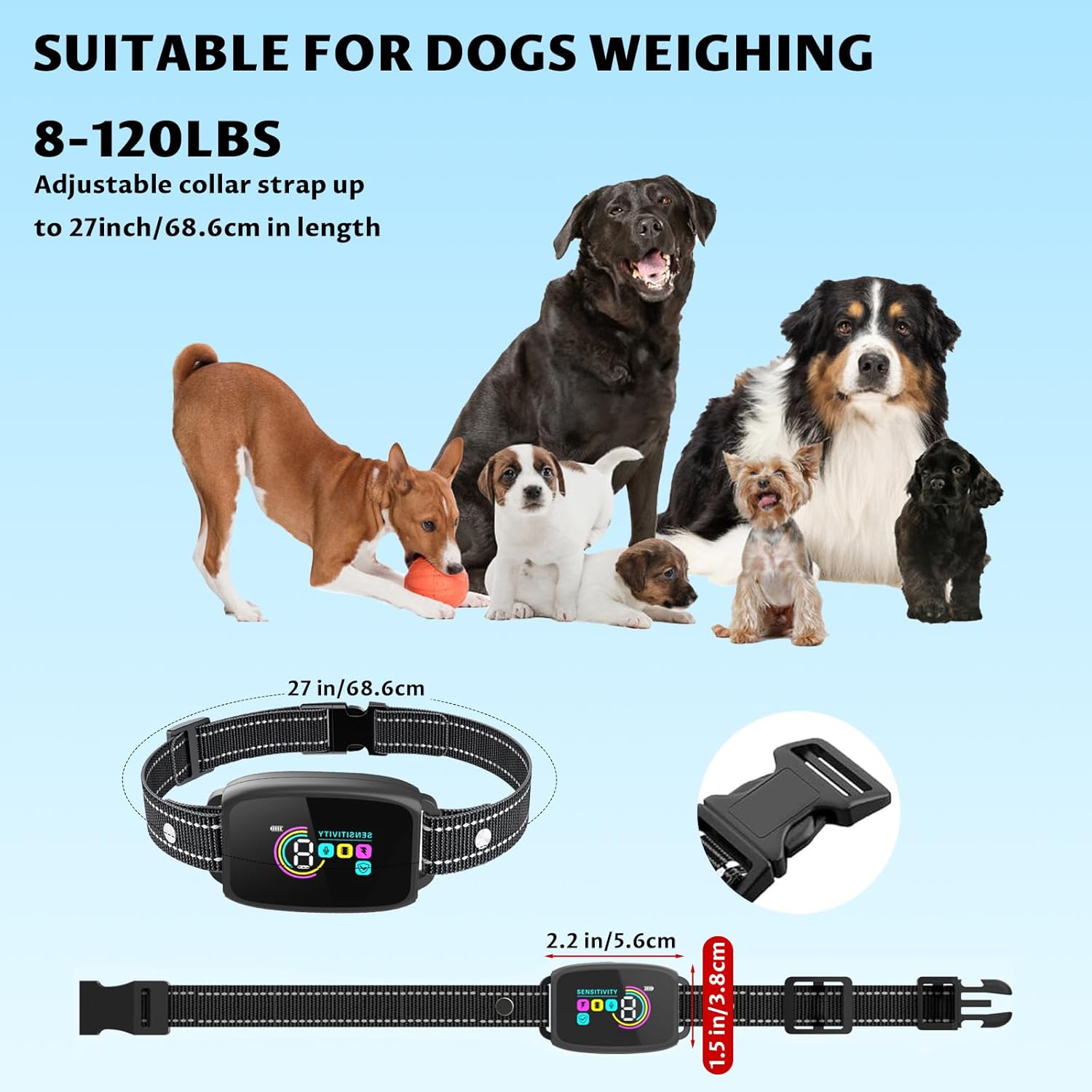 Dog collar with adjustable strap, suitable for dogs weighing 8-120 lbs, on a light blue background at Pet Servo