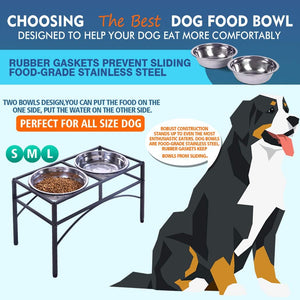 Dog food bowl set with a standing dog illustration, designed to help dogs eat more comfortably at Pet Servo