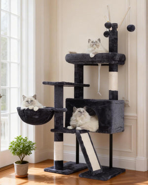 Cat tree with multiple levels and perches in a room with a window and plant at Pet Servo