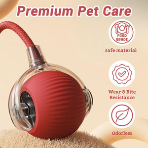 Red pet toy with features listed on a beige background at Pet Servo