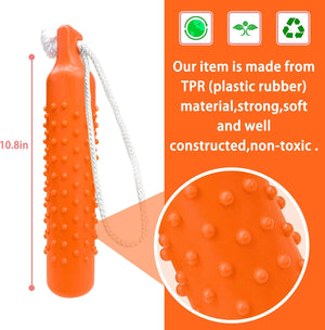 Orange textured toy with a rope, labeled as made from TPR material, on an orange background at Pet Servo