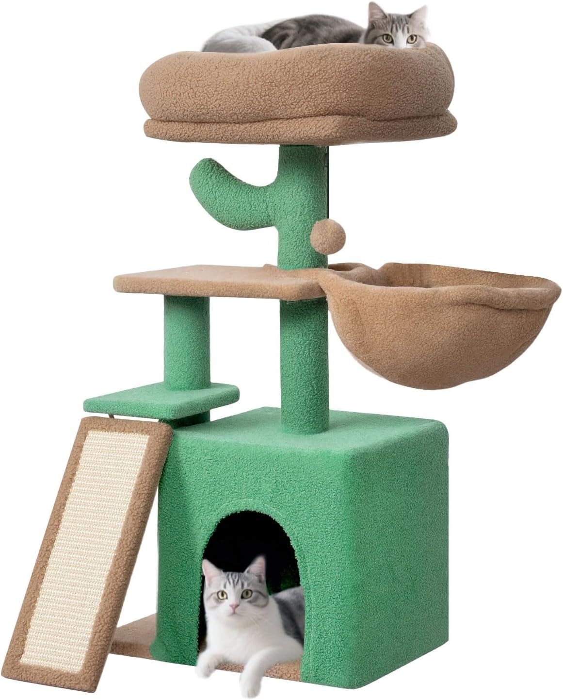 Green and beige cat tree with two cats on a white background at Pet Servo