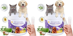 Two identical product setups of pet cleaning finger wipes shown side by side. Each setup features a white jar labeled 'PET CLEANING FINGER WIPES' with a purple label, topped with a gray cat and a golden retriever puppy at Pet Servo