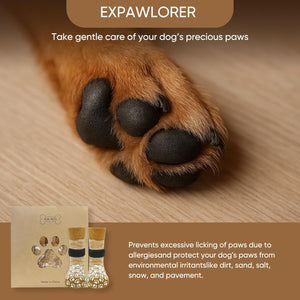 Dog paw with product packaging and text about paw care on a wooden surface at Pet Servo