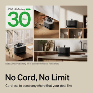 Cordless pet product with battery life display and usage scenarios.