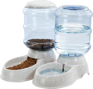 Automatic pet feeder and water dispenser with two clear plastic reservoirs and speckled light gray bases, shown on a white background with kibble and water inside at Pet Servo