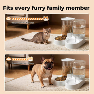 Pet feeding station with bowls and water dispenser for a cat and a dog on a wooden floor at Pet Servo