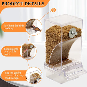 Bird feeder with clear top and food storage compartment, featuring text on product details at Pet Servo