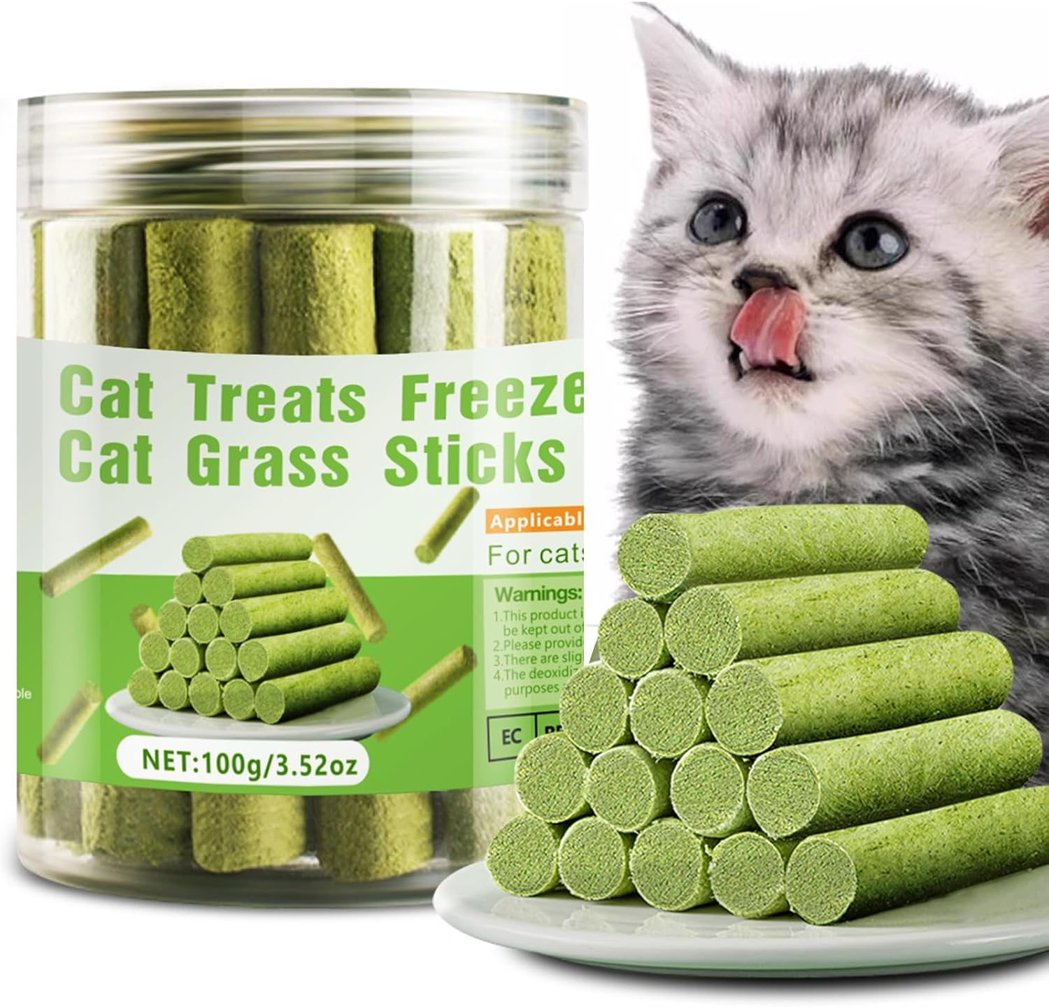 Cat treats freeze-dried cat grass sticks with a jar and a cat licking its lips at Pet Servo