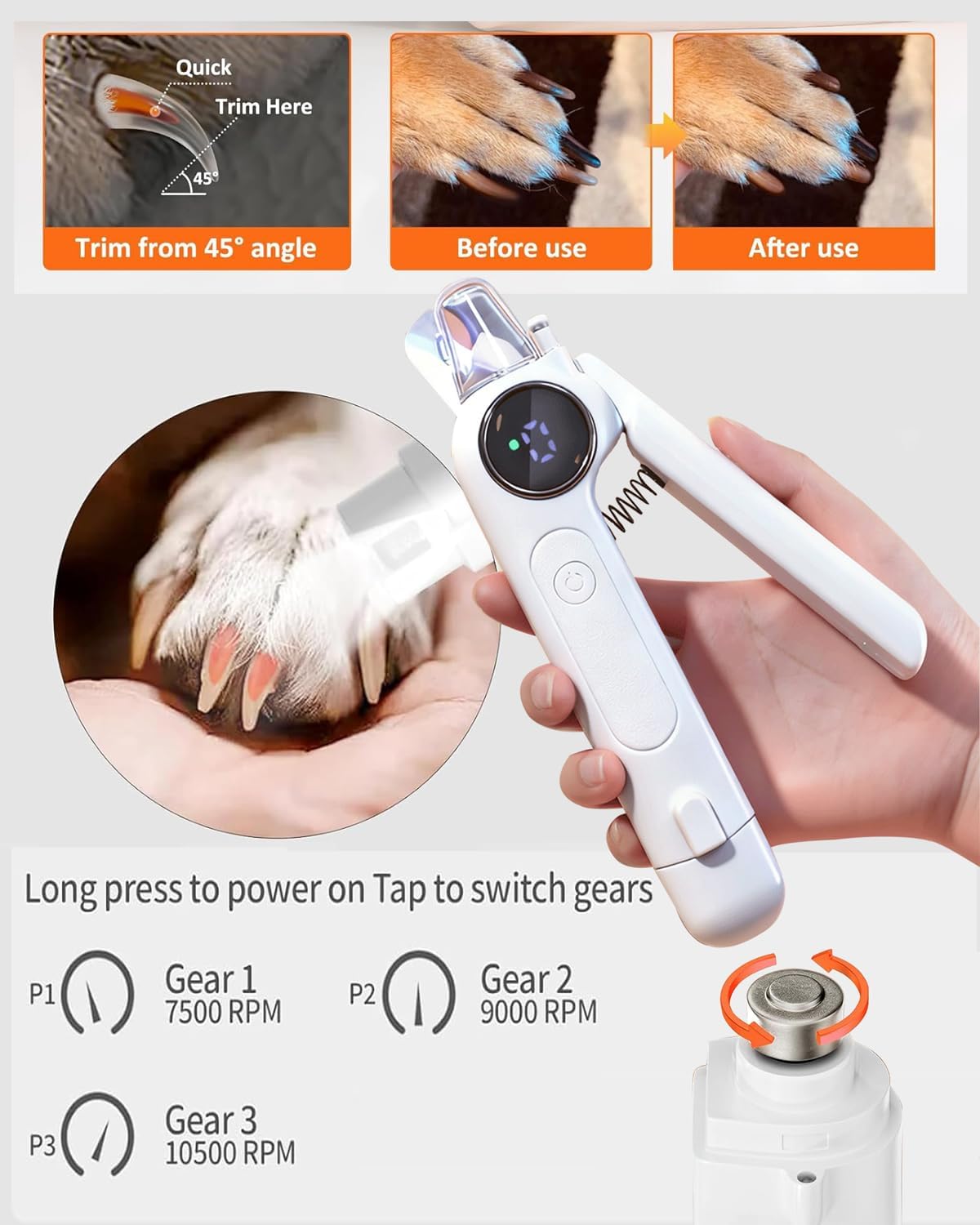 Pet grooming tool with instructions on use and features, held by a hand at Pet Servo