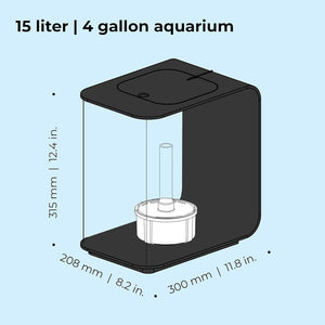 Aquarium filter with dimensions labeled on a light blue background