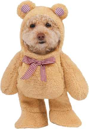 A small dog wearing a plush teddy bear costume, featuring a tan fuzzy body, bear ears with red-and-white gingham inner patches, and a matching red-and-white gingham bow at the neck, shown on a plain white background at Pet Servo