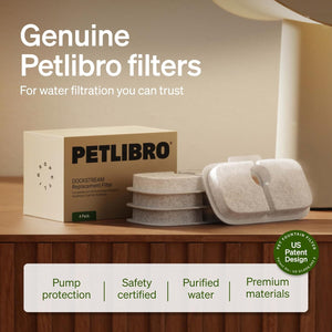 PETLIBRO water filter packaging and filters on a wooden surface with branding and product features displayed.