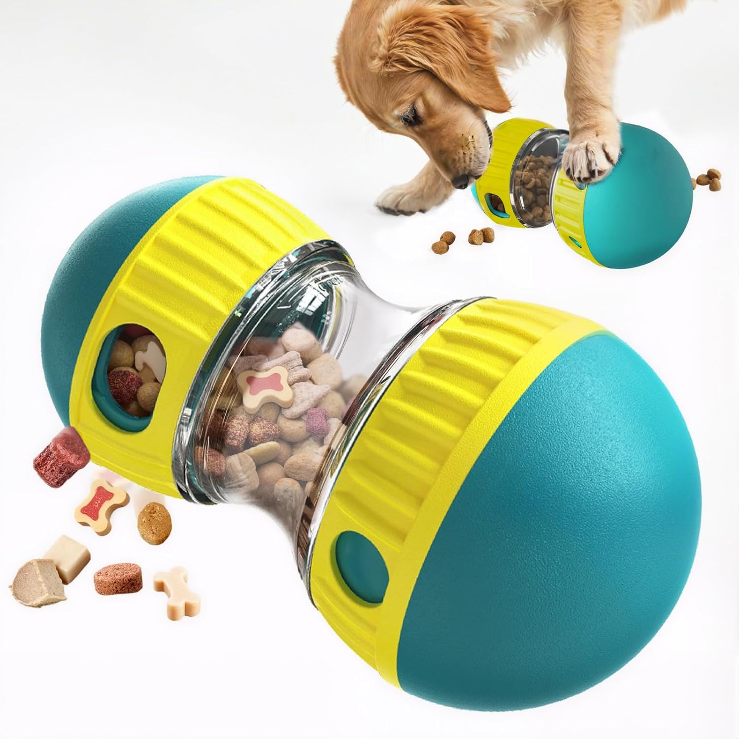 Pet toy with a transparent section filled with treats, accompanied by a puppy interacting with it at Pet Servo