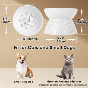 Measurement chart for a pet bowl with dimensions and capacity, featuring a small dog and cat on a beige background at Pet Servo