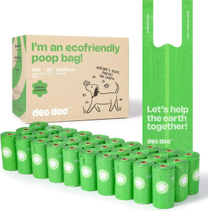 Green eco-friendly dog waste bags with packaging on a white background at Pet Servo