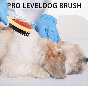 Dog being groomed with a Pro LevelDog brush by a person wearing blue gloves on a white background at Pet Servo
