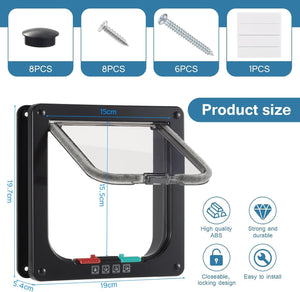 Black pet door frame with hinged flap and hardware included, shown with dimension labels and accessory counts on a white background.