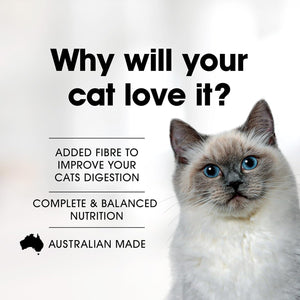 Cat with text about cat food benefits and Australian made label on a white background