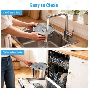 Two images showing a metal container being washed by hand and then put into a dishwasher at Pet Servo