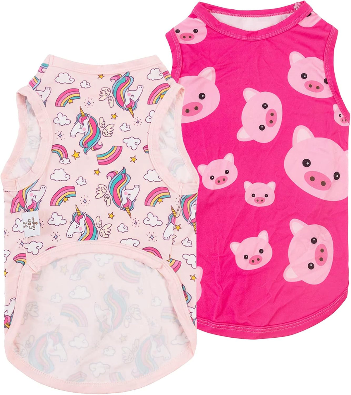 Two sleeveless pet shirts shown on a white background: one in light pink with a unicorn and rainbow print, and one in bright pink with a pig face print at Pet Servo