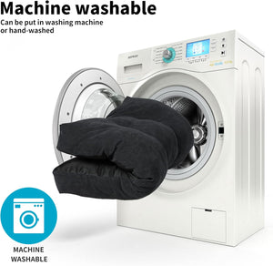 Black socks being put into a washing machine with text indicating machine washability at Pet Servo