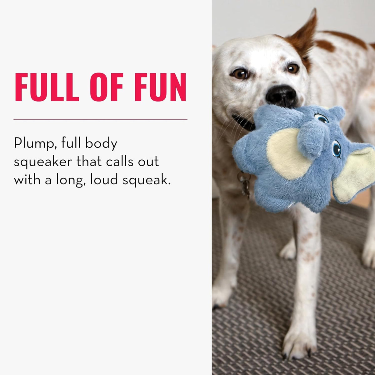 Dog playing with a blue and gray toy, with text about the toy's features on the left at Pet Servo