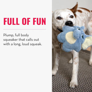 Dog playing with a blue and gray toy, with text about the toy's features on the left at Pet Servo