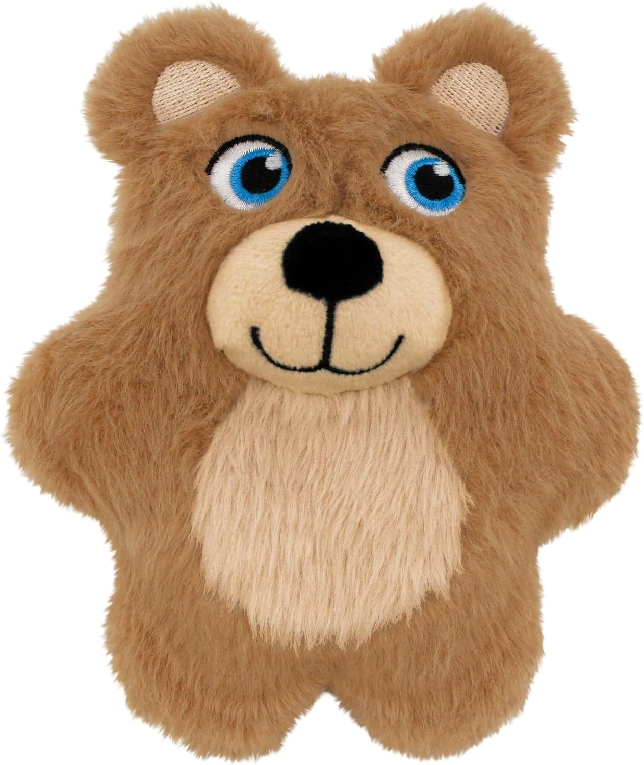 A plush teddy bear toy with medium brown fur, a cream-colored snout and inner ears, blue eyes, and a black stitched nose and mouth, isolated on a white background at Pet Servo