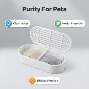 Pet water filter device with text highlighting features on a gray background at Pet Servo