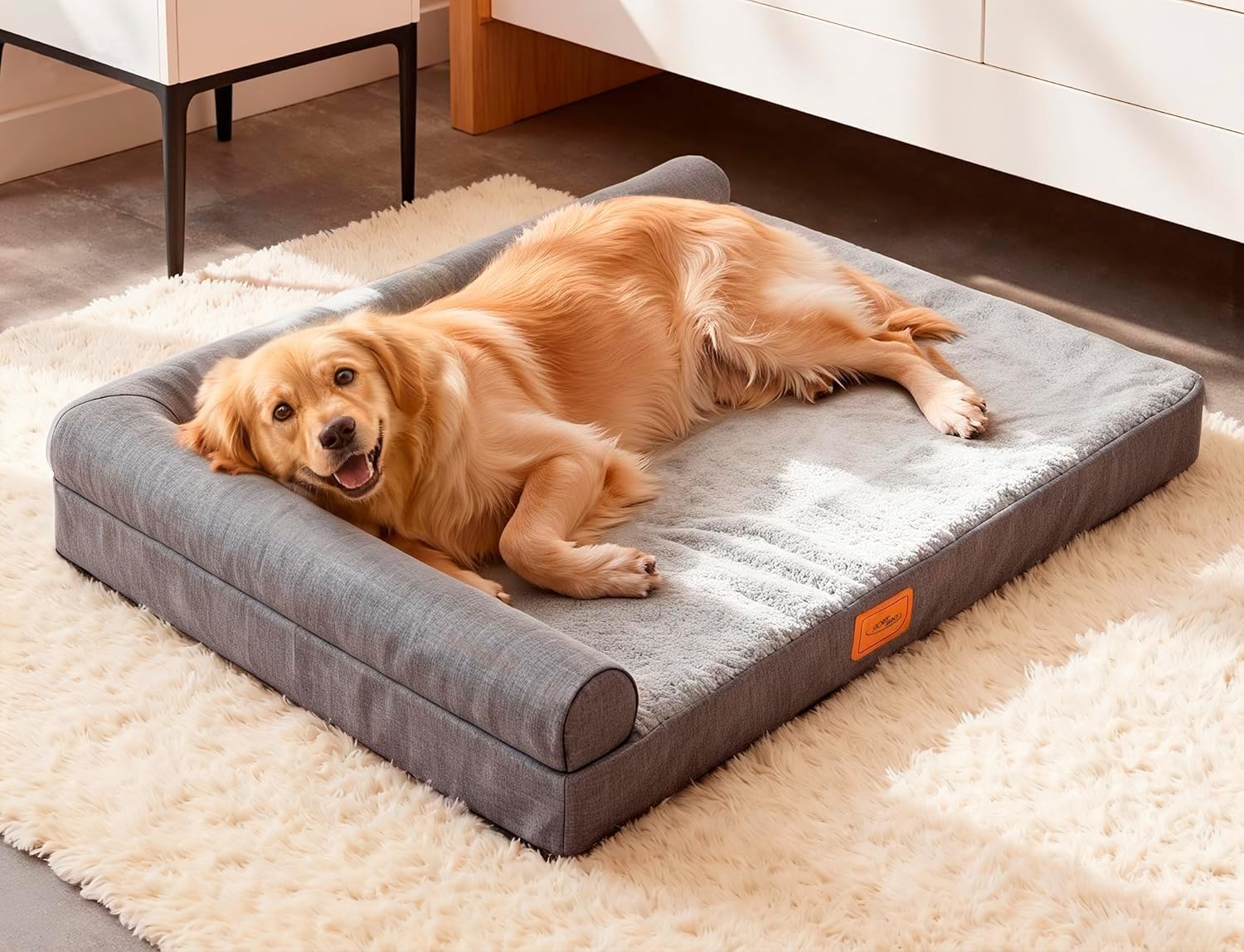 Dog lying on a gray pet bed in a home setting