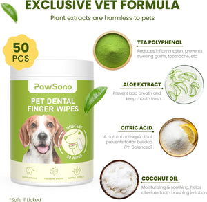PawSono Pet Dental Finger Wipes container with ingredients and benefits on a white background at Pet Servo