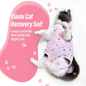 Cat wearing a pink recovery suit with text about its benefits on a white background at Pet Servo