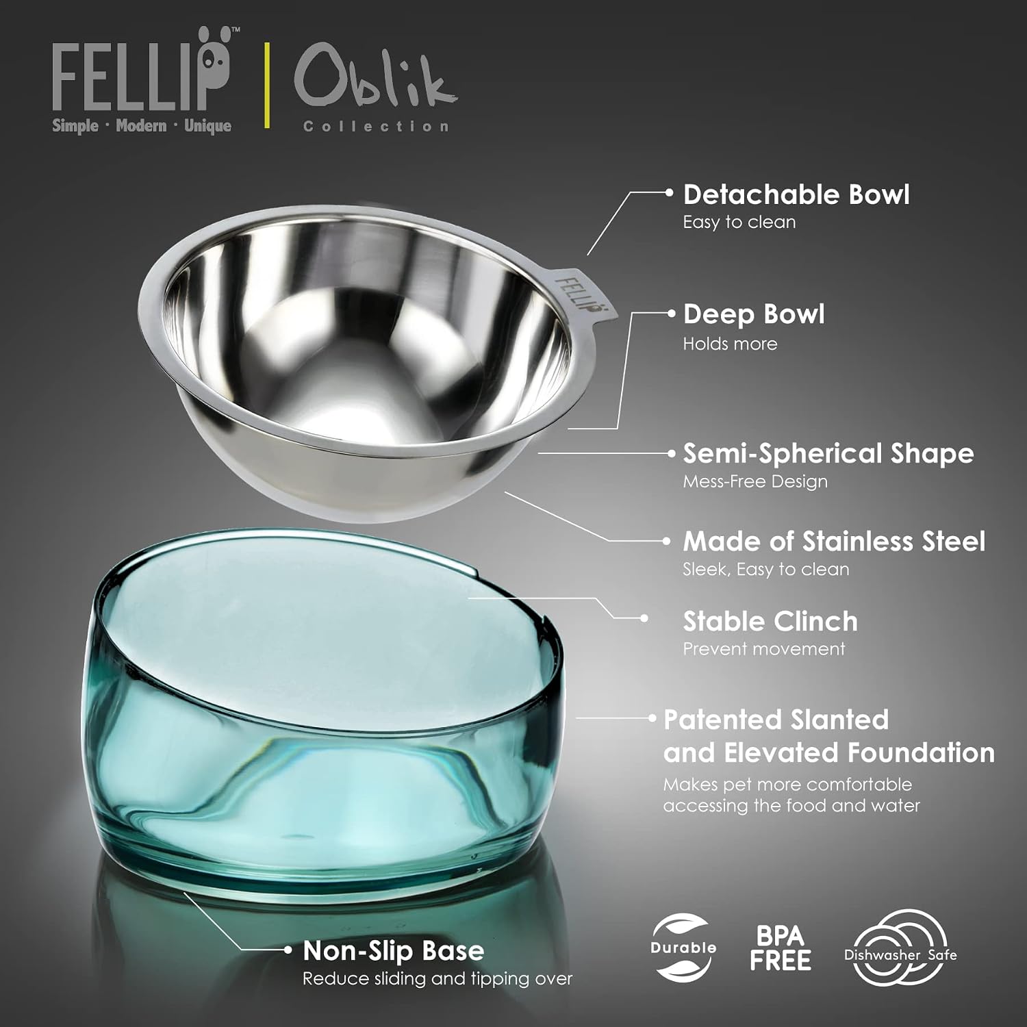 Fellip Oblik pet bowl product graphic showing a stainless-steel upper bowl and a translucent teal lower bowl with callout lines and text describing features like detachable bowl, deep bowl, semi-spherical shape, made of stainless steel, stable clinch, non-slip base, and BPA free at Pet Servo
