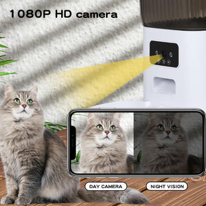A white smart pet camera with a digital control panel is shown next to a fluffy gray cat on a wooden floor. A yellow beam graphic illustrates the camera's night vision feature, and a smartphone screen overlay displays the cat's face in both day and night camera views at Pet Servo