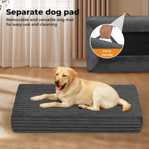 Dog lying on a gray dog pad with a carrying handle, in a home setting at Pet Servo