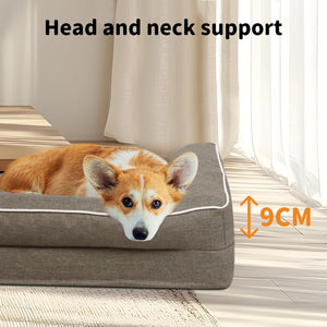Dog lying on a cushion with text 'Head and neck support' and measurement '9CM' at Pet Servo