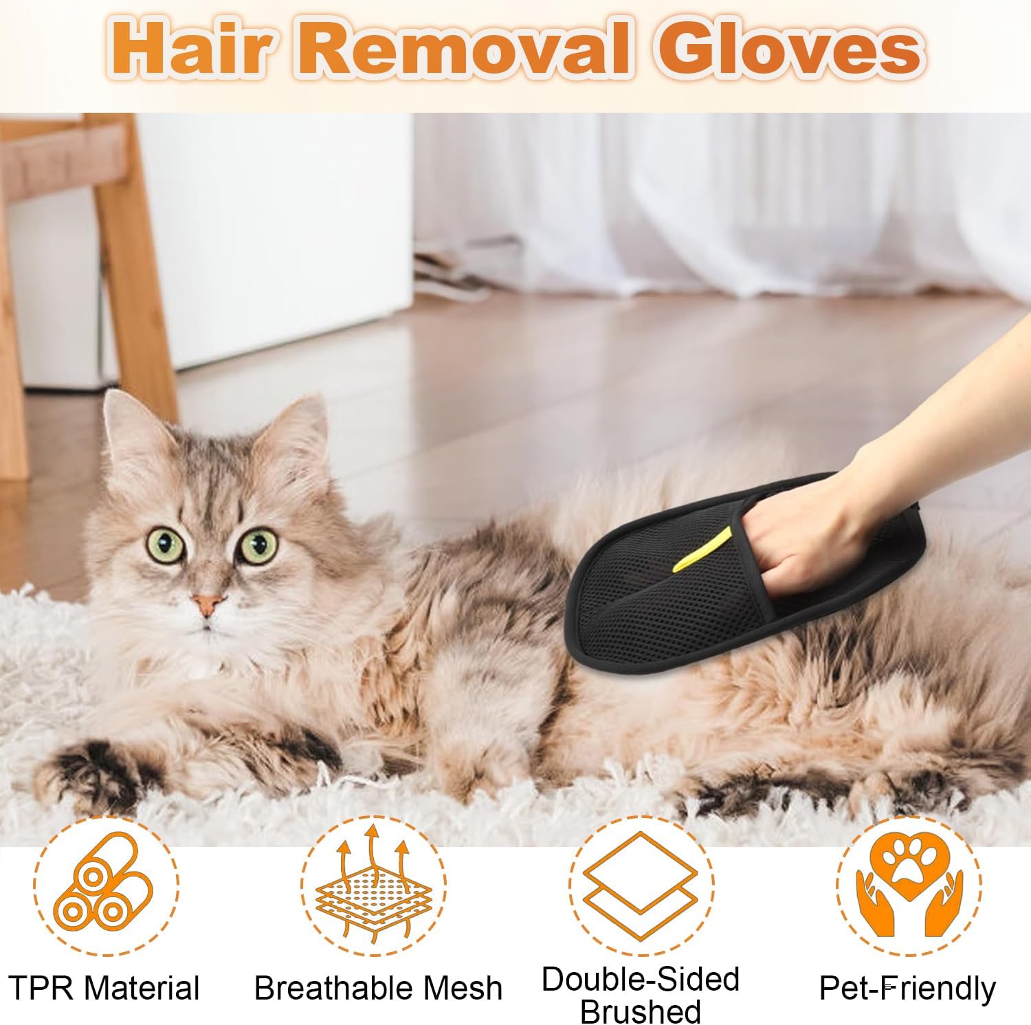 Person using hair removal gloves on a cat with product features displayed at Pet Servo