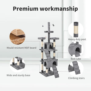 A multi-level cat tree shown with callout circles and text labels highlighting features such as mould resistant MDF board, heavy duty post, bed cube, wide and sturdy base, and climbing stairs under the heading 'Premium workmanship' at Pet Servo