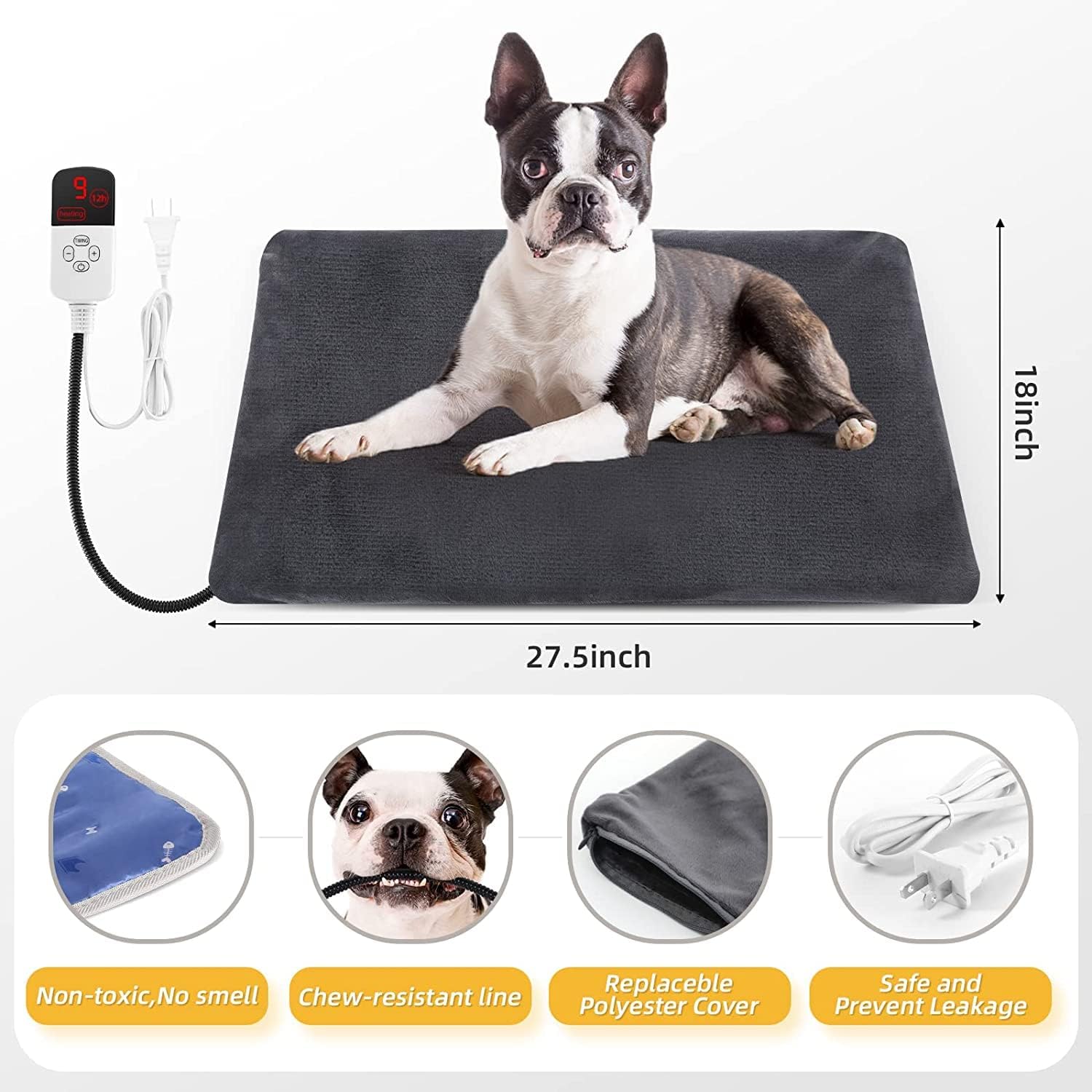 EKONIAM - Heated Pet Pad with Timer & 9 Temp Settings – Waterproof & Chew-Proof