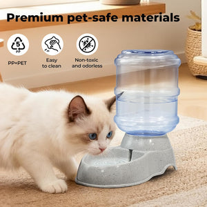 A fluffy white cat with blue eyes approaches a pet water fountain. The fountain has a clear water reservoir with a blue rim and a speckled light gray base at Pet Servo