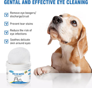 Pet eye wipes with a dog looking up, emphasizing gentle and effective eye cleaning benefits at Pet Servo