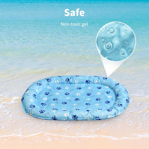 Blue pet mat with paw prints on a beach background, labeled 'Safe Non-toxic gel' at Pet Servo