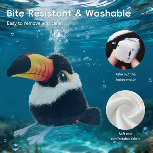 Toy toucan with underwater scene and text about resistance and washability at Pet Servo